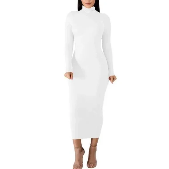 Women's Basic Long Sleeve Pencil Dress White | Color: White | Size: L | Mlowo's Closet